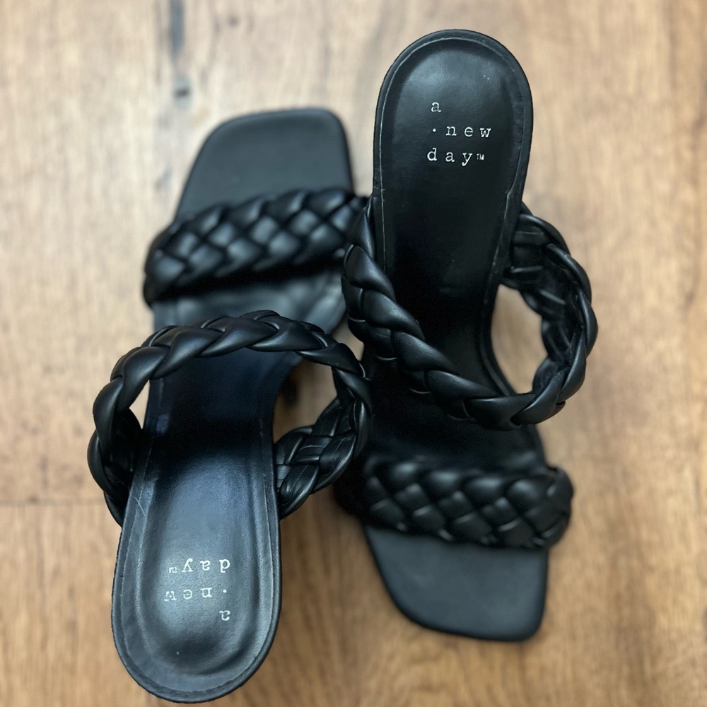 Black braided two strap heels